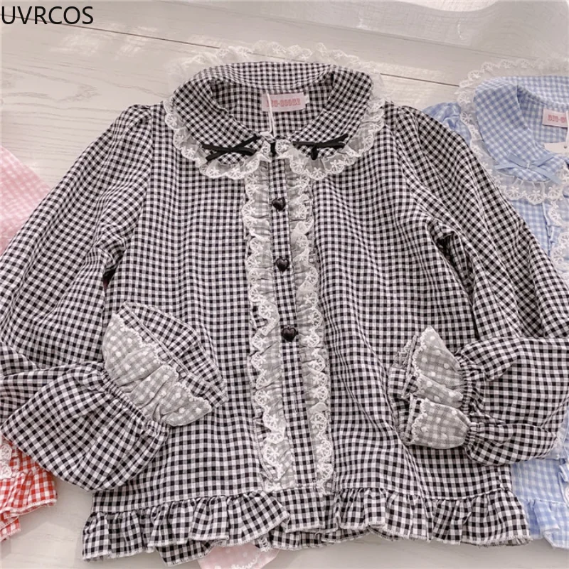 Camisa xadrez de manga longa feminina, estilo preppy, doce blusa lolita, laço laço, babados, gótico, feminino, kawaii, harajuku, fofo