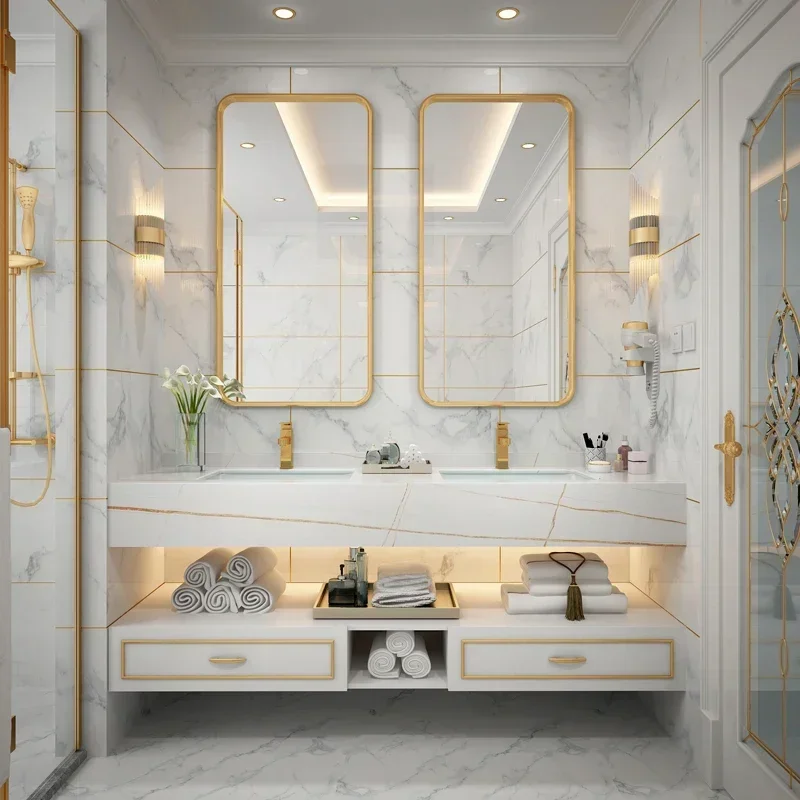 Bathroom Vanity Combination Bathroom Cabinets Modern And Minimalist Washbasin Double Basin Cabinet Light Luxury Solid Wood