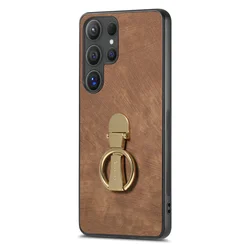 Luxury Leather Ring Stand Holder Case - Lightweight Shockproof Cover - Samsung S25 Ultra (D22 - Brown)