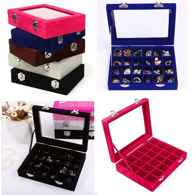 24 Grids Black Rose Red Velvet Jewelry Box Rings Earrings Necklaces