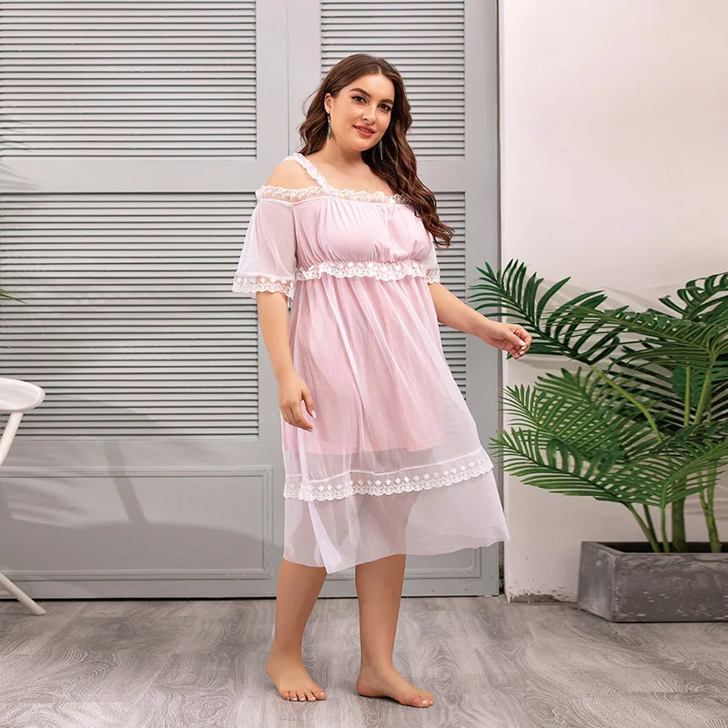 

Victorian Style Dress Mesh Lace Homewear Large Fat Pink Dress Suitable for 100kg People sexy dress women dress
