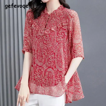 Female Clothing Casual Loose Paisley Printed Shirt Summer Thin Half Sleeve Commute Button O Neck