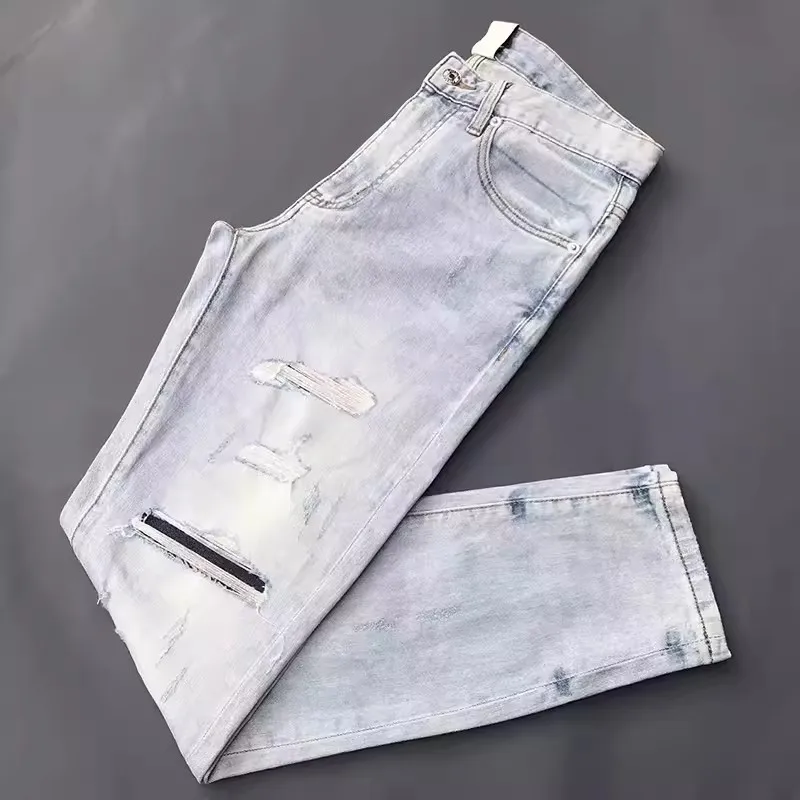 Street Fashion Men Jeans Retro Light Blue Stretch Slim Fit Hip Hop Ripped Jeans Men Patched Designer Vintage Denim Pants Hombre