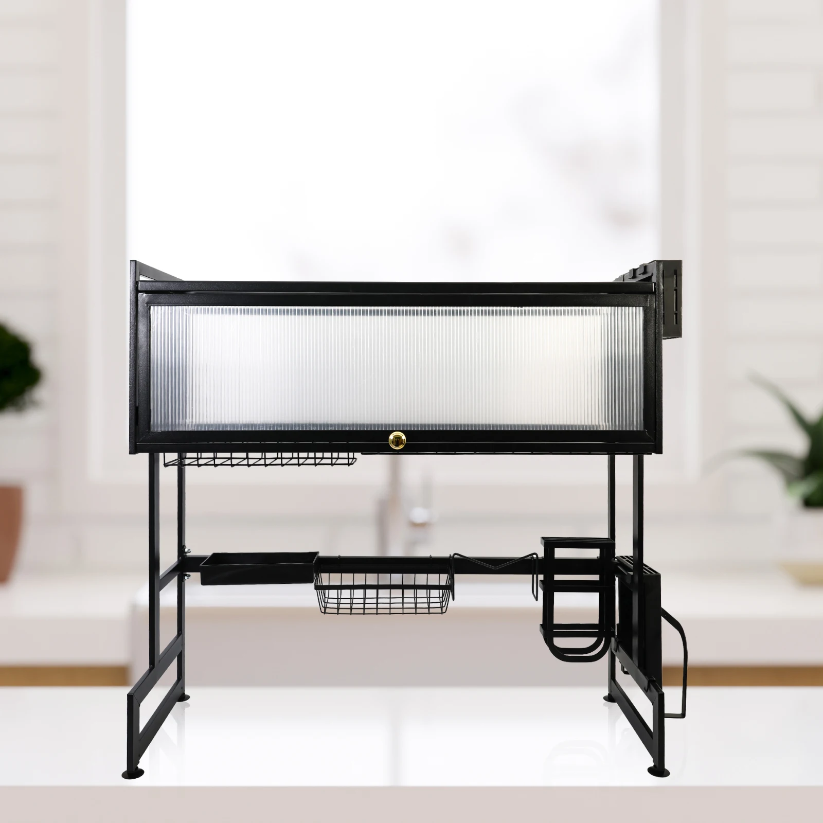 Küchenspüle, Regal, Haushalt, Geschirr, Abflussregal, Schwarz, Länge 85 cm, Luxus-Set, 2-stufige Aufbewahrungsbox – Detail 6