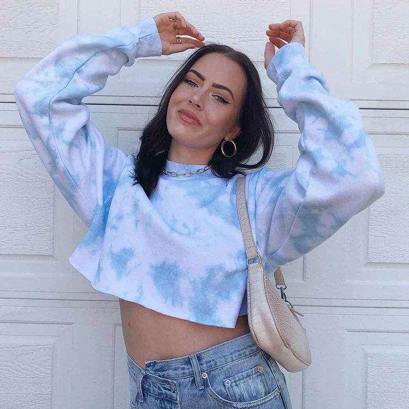 2024 New O-Neck Long Sleeve Pullovers Tracksuit Clothes Tie Dye Harajuku Oversized Sweat Crop Top Women Short Sweetshirts