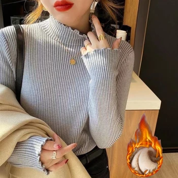 الخريف الشتاء المألوف تنوعا القمم 2025 سميكة معطف شتاء المرأة الياقة المدورة موضة الكشكشة النساء البلوفرات 3