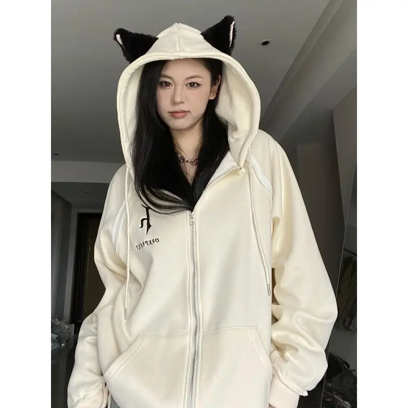 Jacket Cat Ear Hoodies Fashion Casual Cardigan Hooded Sweater Women's Zipper Cardigan Sweater Thickened Loose 2022 New