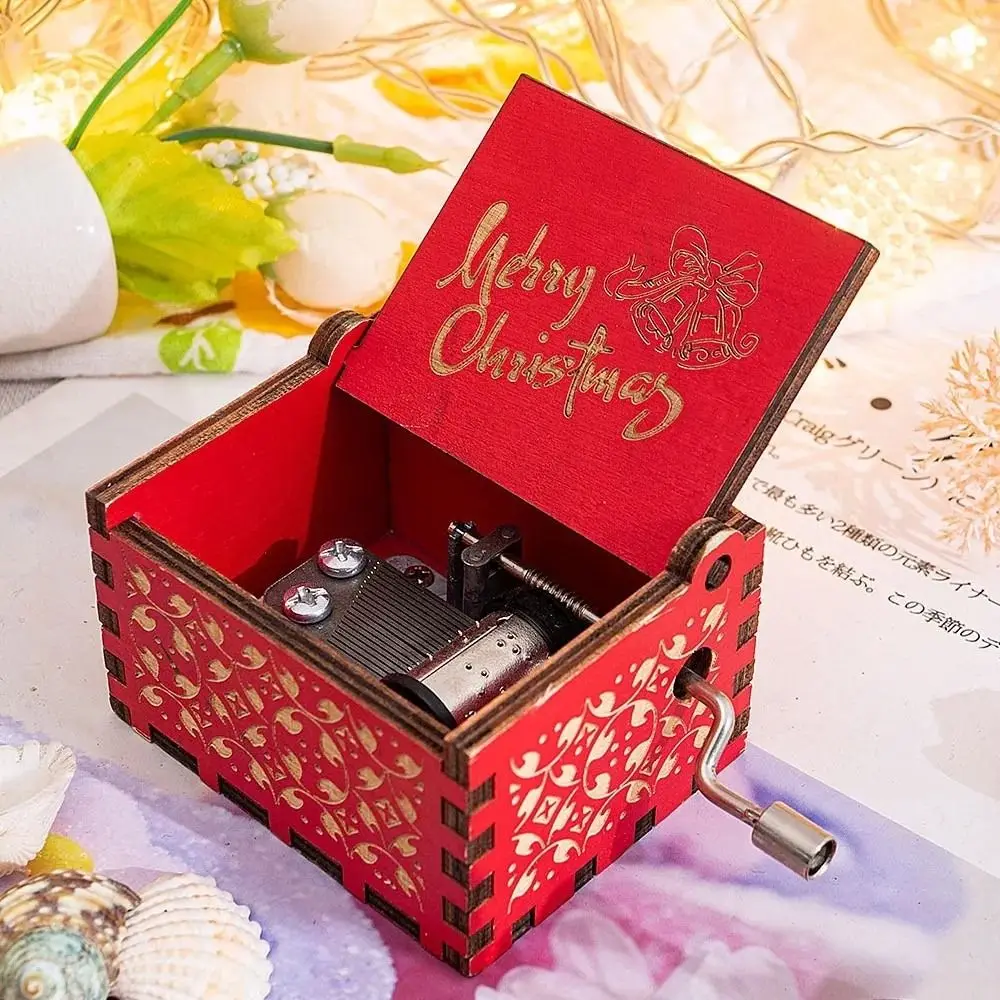 Red Merry Christmas Theme Music Box Carving Wooden Hand Crank Music Box Santa Claus New Year Christmas Gift for Children Friend 4