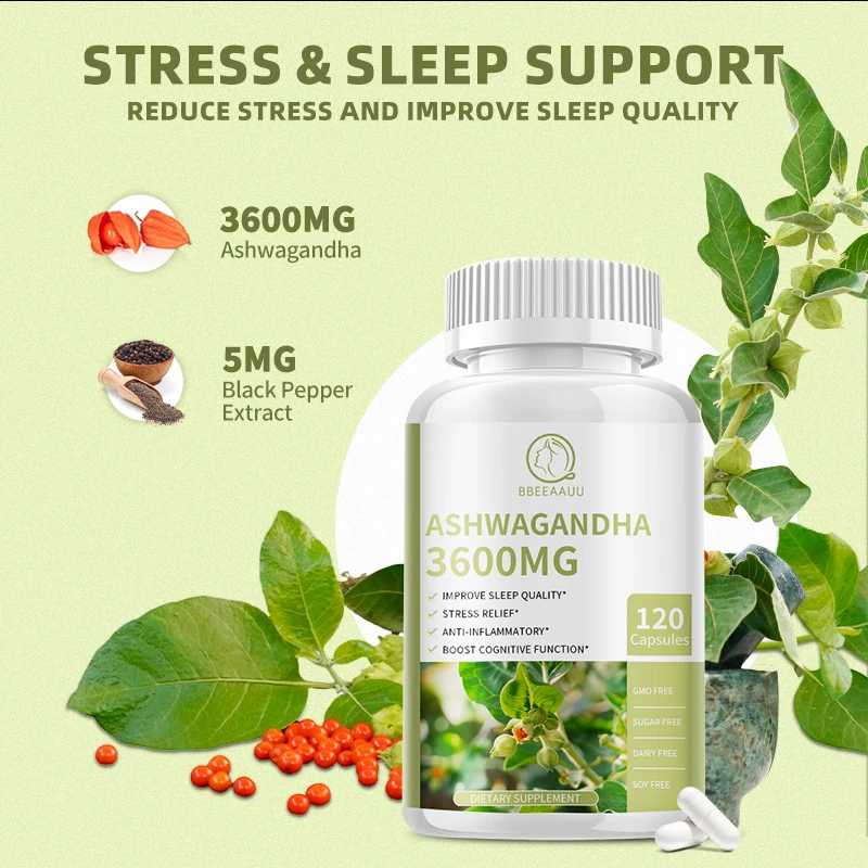 3600MG Ashwagandha Capsules Sleep Health Help Sleep Relieve Stress & Anxiety Relax Improve Mood Anti-inflammatory