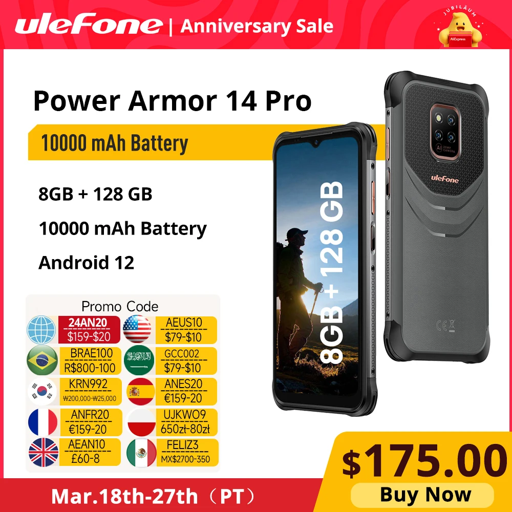 Ulefone Power Armor 14 Pro 8GB+128GB Rugged Phone 10000mAh Android 12 Waterproof Smartphone 6.52-inch NFC Global version чехол mypads лицо с патчами для ulefone power armor 14 14 pro задняя панель накладка бампер