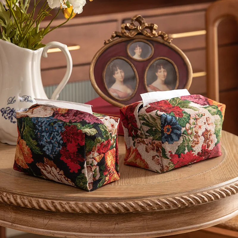 Retro Tissue Box Storage Bag High Quality Napkin Holder Foldable Tissue Box Home Office Desktop Embroidery Storage Box 2