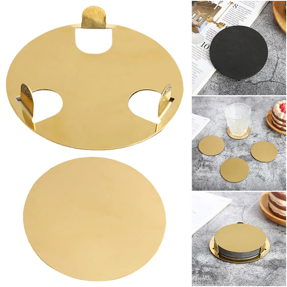 6Pcs Stainless Steel Coasters Gold Cup Coasters Set with Holder Mirror Drink Coasters Metal Cup Coasters for Coffee Mug Tea Cup