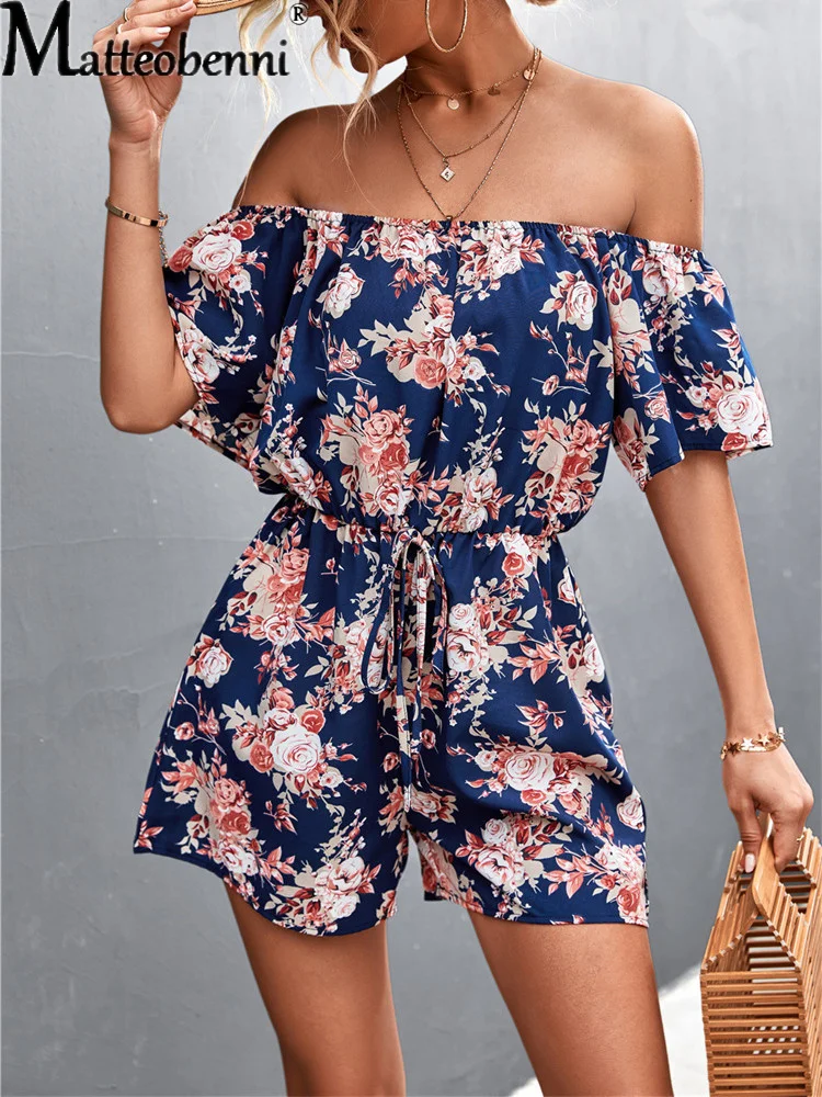 Beach Print Rompers Womens Jumpsuit Summer 2022 Temperament Ladies Lace-Up Shorts Jumpsuit Fashion Casual Suit Rompers Playsuits