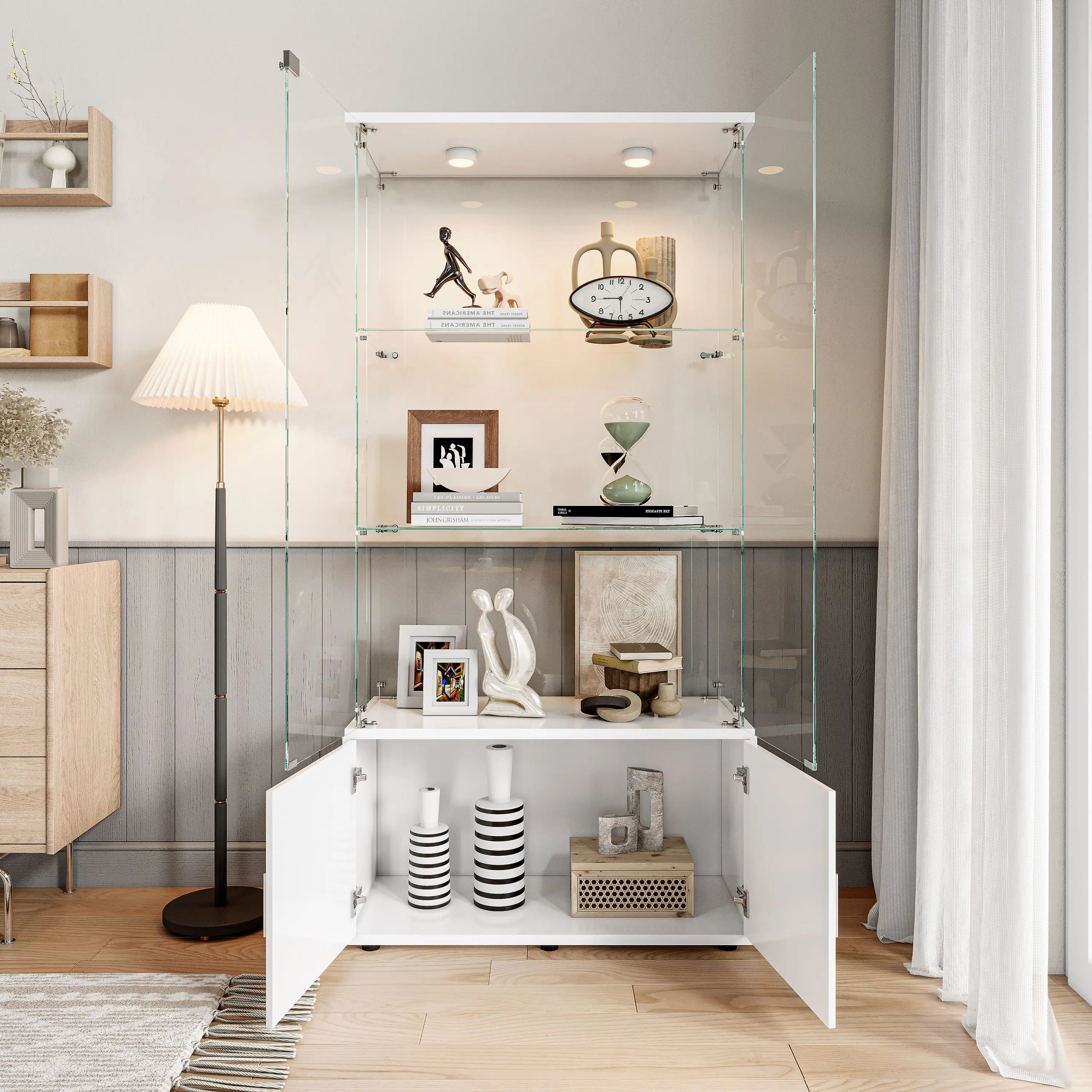 Anajqaqia Aufbewahrungsschrank – Doppeltüriger dreistufiger Glasvitrine + weißer Schrankkörper + berührungsaktivierte Lampe – Detail 6