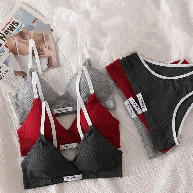 Women Cotton Bra Set Briefs Low Waist Panties Wire Free Bralette Sport Lingerie Vneck Brassiere Underwear Set