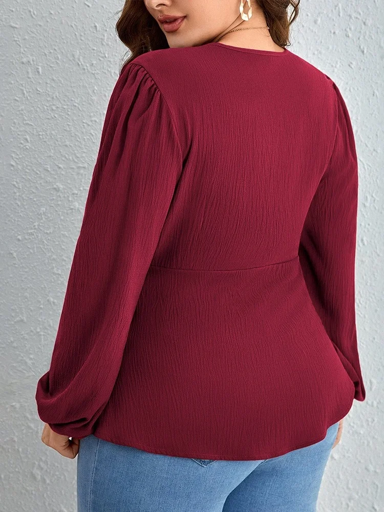 Wmstar T Shirt Women Wholesale Plus Size Wear V Neck with Mature Ladylike Autumn Winter Fashionable Youthful Wine Red Top