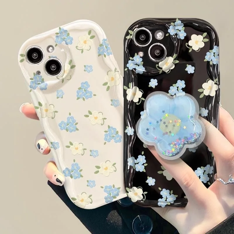 Chic Blue Floral Quicksand Grip Phone Case with Soft Holder