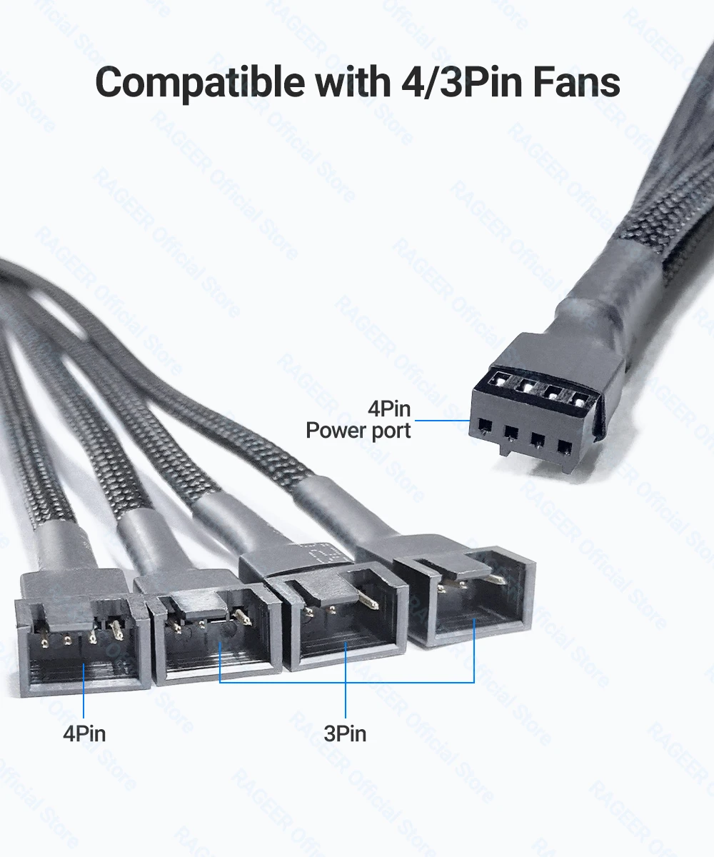 RAGEER PWM 4-poliges Lüfter-Splitterkabel, 1 auf 2/3/4 Buchse auf Stecker, Verlängerungskabel aus Nylonmaterial, Verlängerungskabel für PC-Gehäuselüfter – Detail 3