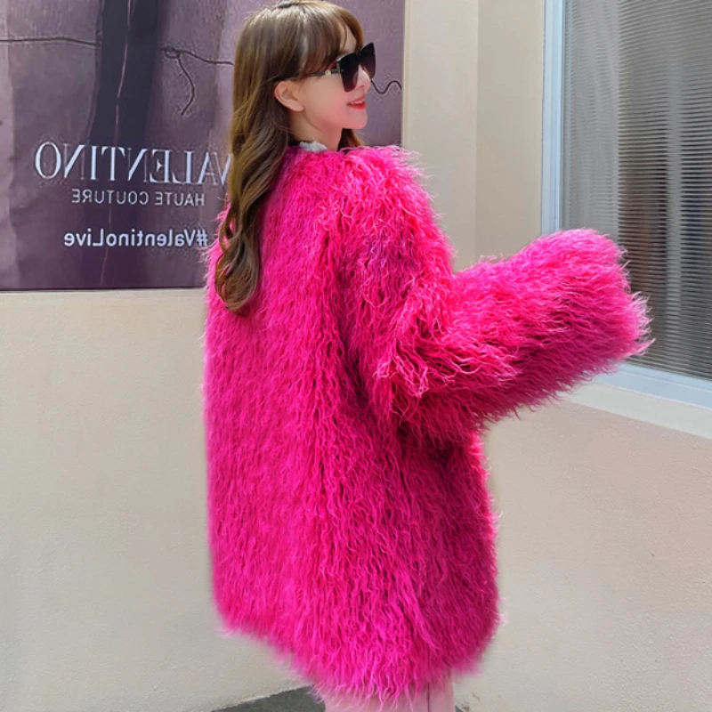 2023 Winter New Women Faux Fur Coat Imitated Tibet Sheep Fur Mid-Length V-neck Loose Outwear Temperament Casual Lamb Wool Coat