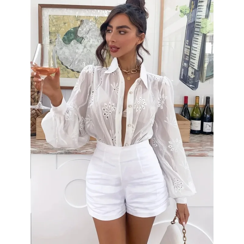 Plus Size White Summer Fashion Hot Sales Large Size Ladies Elegantly Embroidered Shirt With Hollow Pattern Women Top