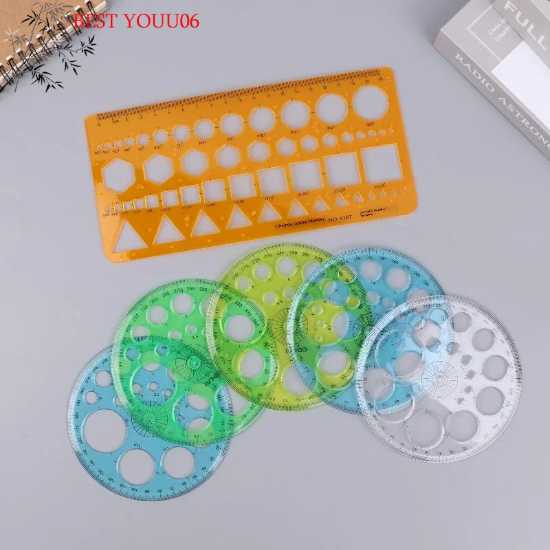(YOUU06)1/2Pc 원형 그리기 도형 기하학적 그리기 스텐실 도구 다기능 템플릿 플라스틱 측정 자