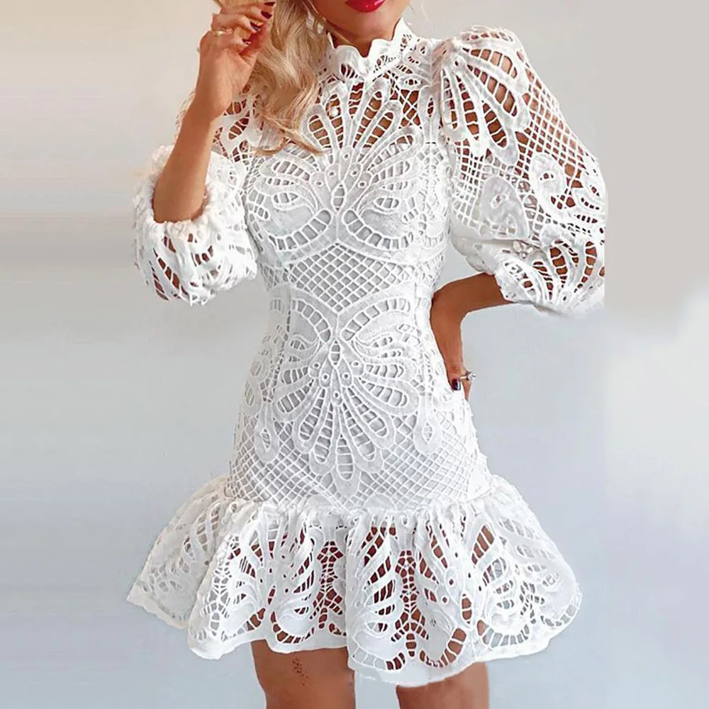 Women-Fashion-Dress-Solid-Color-Hallow-Out-Lace-Patchwork-Stand-Collar ...