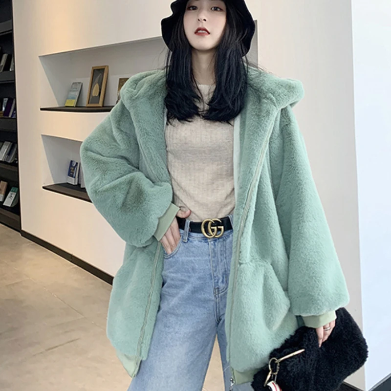 2023 Winter Women Mid-length Faux Rabbit Fur Hooded Coat Thicken Warm Overwear Plush Outcoat Solid Color Elegant Fashion Jackets