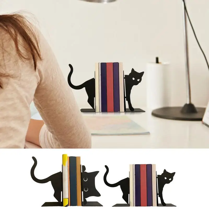 Household Metal Animal Bookends 1 Pair Cute Cat Bookends For Heavy Books Black Creative And Cute Cat Shape