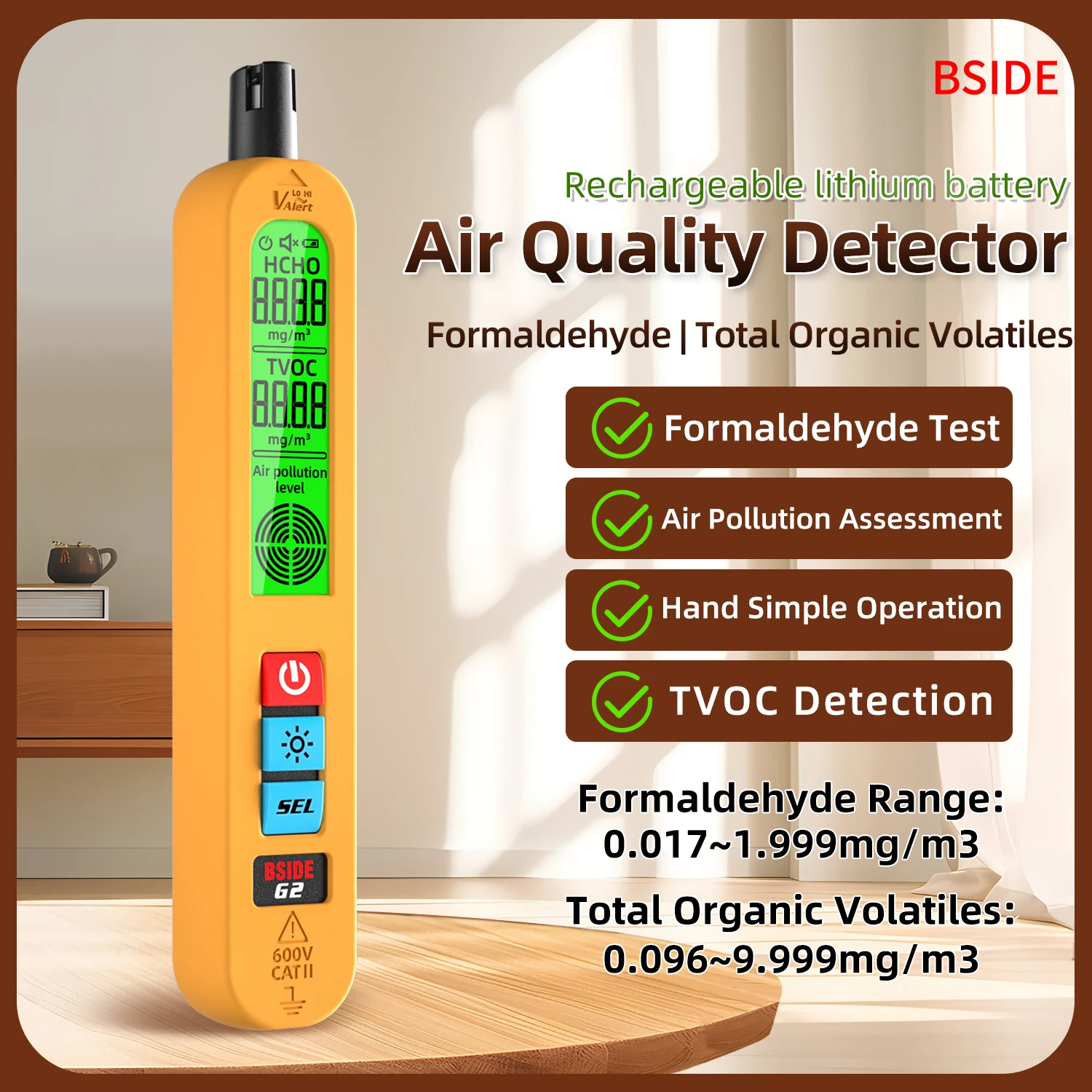 Air Quality Detector Formaldehyde HCHO TVOC Rechargeable Portable Auto Sound and Light Alarm LCD Display Indoor and Travel