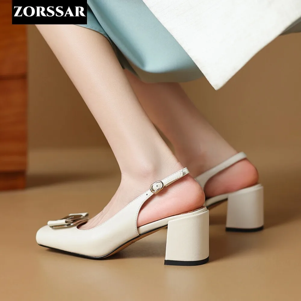 Women Summer Genuine Leather Slingback Pumps Office Lady Square Heels Sandals Elegant Square Toe Female Sexy High Heels