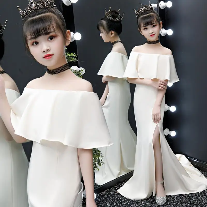

Kids Girls Summer New Princess Vintage Lace Long Solid Dress Children Clothing Shoulderless Birthday Party Wedding Dresses L59