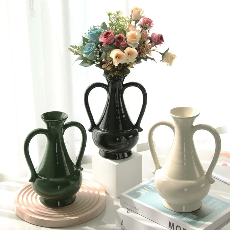 

European-style Binaural Ceramic Vase Ornaments Living Room Dried Flower Arrangement Container Home Decoration Accessories.