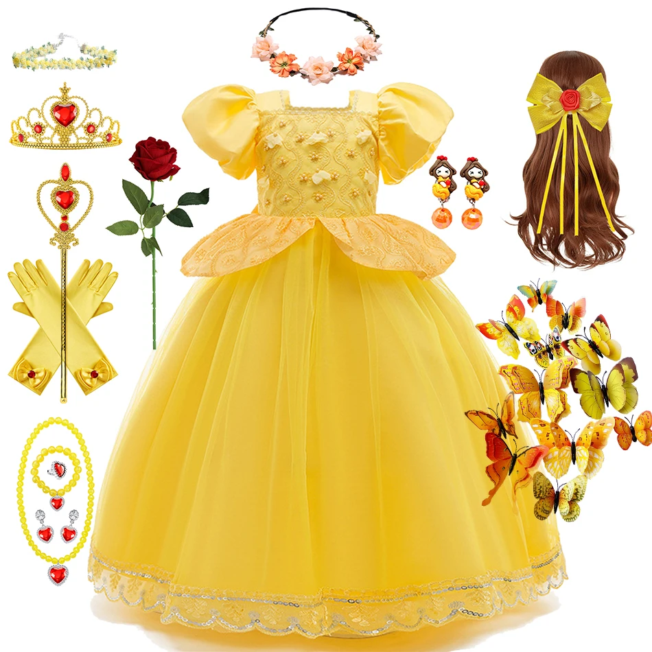 

Girl Belle Princess Costume Children Lace Pearl Yellow Dress Birthday Party Sequin Fluffy Luxury Outfits Halloween Carnival Sets
