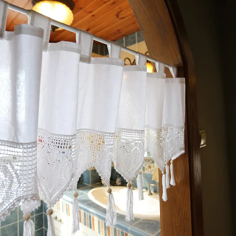 Rustic Short Kitchen Curtain Handmade Hollow Flower Crochet Lace Tassel Half Window Curtain Valance Cabinet Cover Door Curtains 2