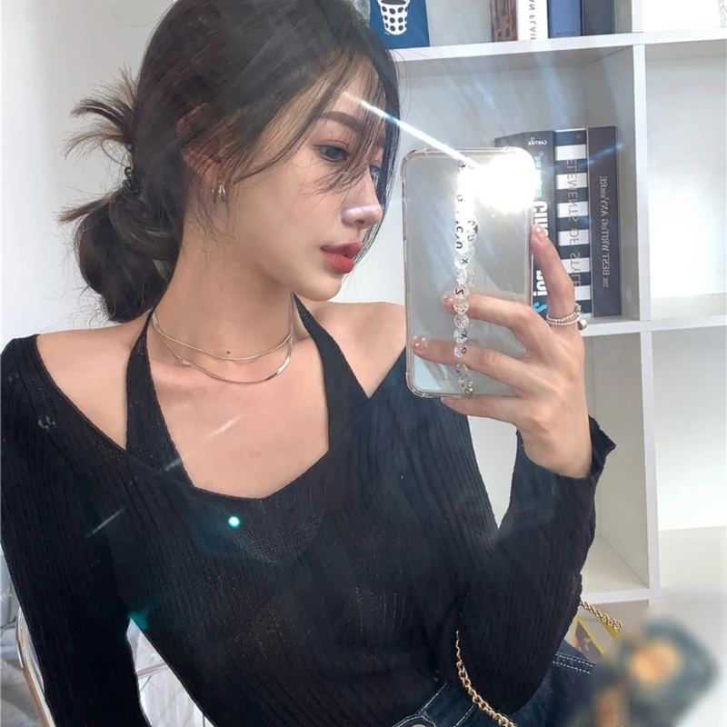 

All-matching Knitted Sweater for Women Long Sleeves Hollow Pullover Sweater Fashion False Two Pieces Halter Sweater N7YE