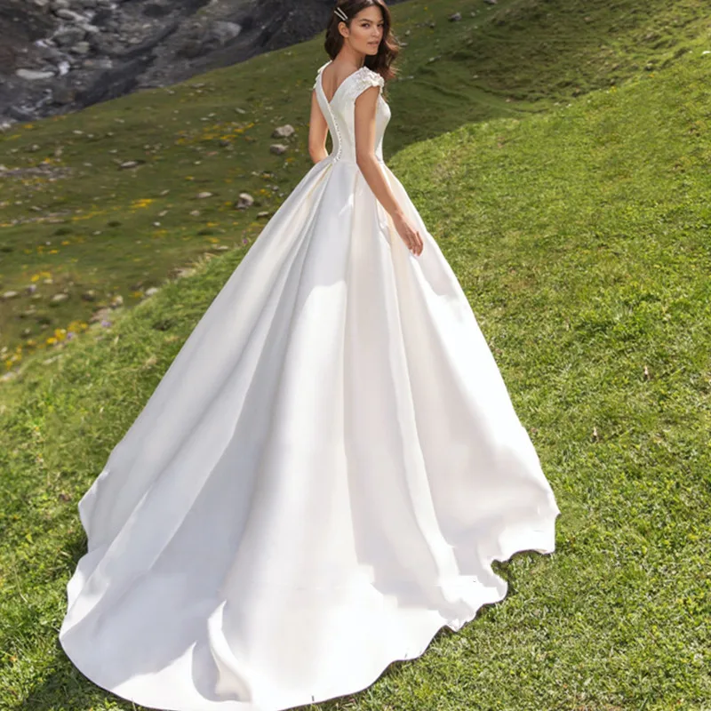 Classic Wedding Dress for Women Scoop Neck Sleeveless Bridal Gowns A-line  Flowers Simple Satin Brides Dresses Vestido De Novia - AliExpress 320
