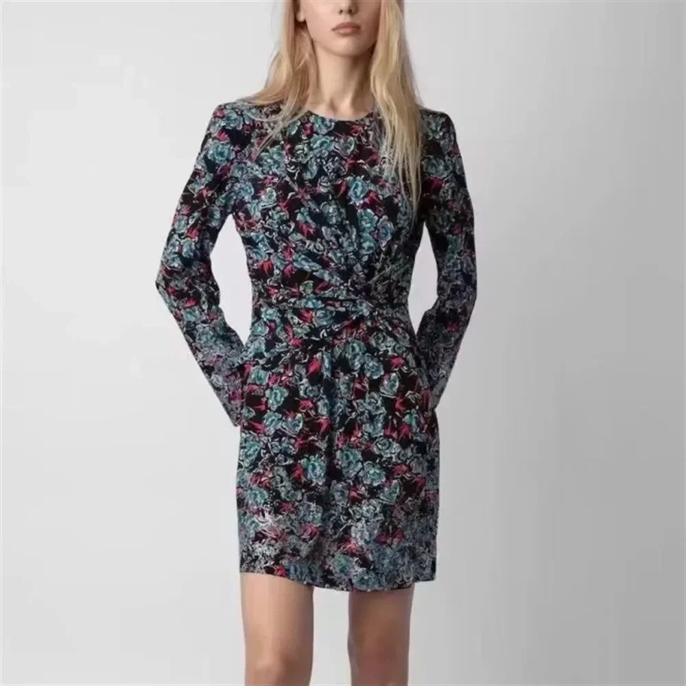 

Autumn New Floral Printed Round Neck Long Sleeve Slim Fit Wrinkled Hip Dress