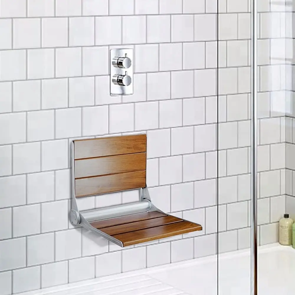 18" ADA Compliant Folding Serena Teak Wood Shower Bench Seat, Clear Coated for Extra Protection and Smooth Modern Finish 2