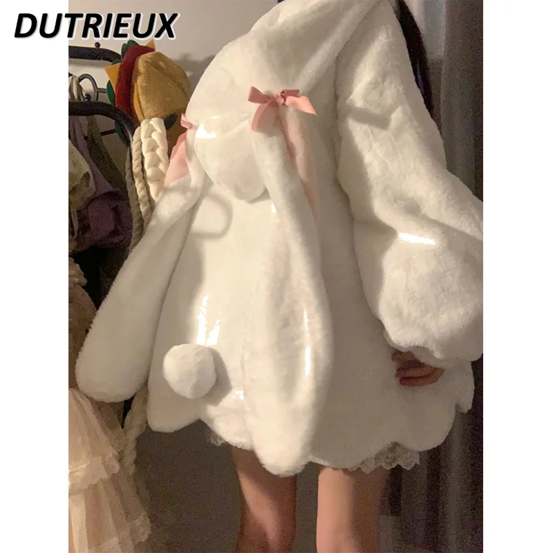 

Japanese Sweet Cute Rabbit Ears Furry Coat Women Horn Button Warm Fur Coats Winter Fleece-Lined Lamb Fur Cotton-Padded Jacket