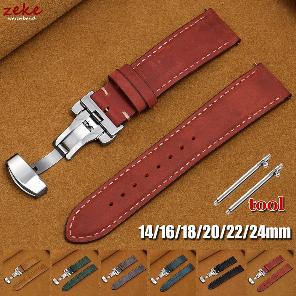 Vintage Cowhide Leather Watch Strap with Butterfly Buckle and Quick Release