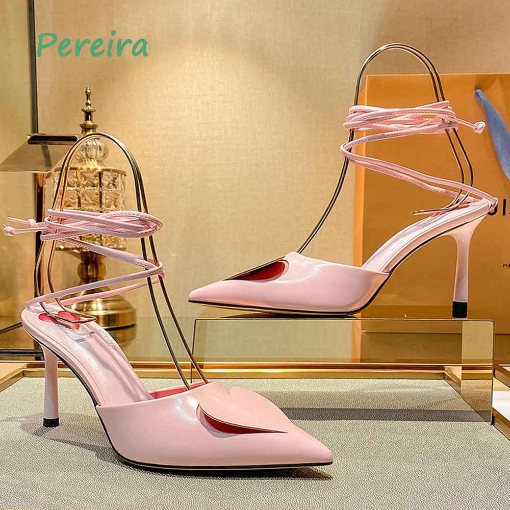 

Pink Heart Strap Pumps 2023 Summer New Arrival Pointed Toe Stiletto Patent Leather Sexy Fashion Sandals for Free Shipping