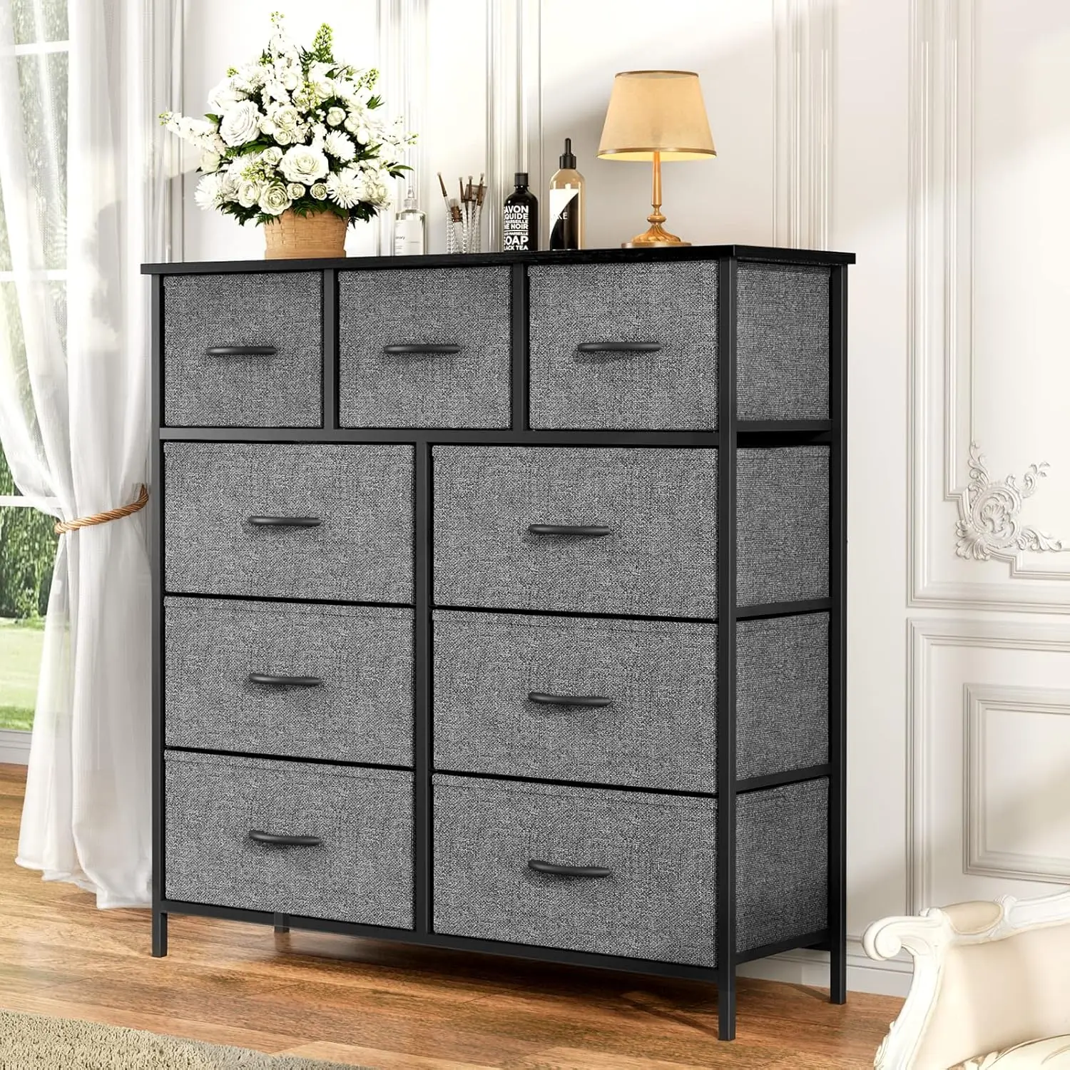 9-Drawer Dresser TV Stand with Metal Frame & Wood Top, Media Console for TVs up to 45", Bedroom/Living Room - Classic Grey