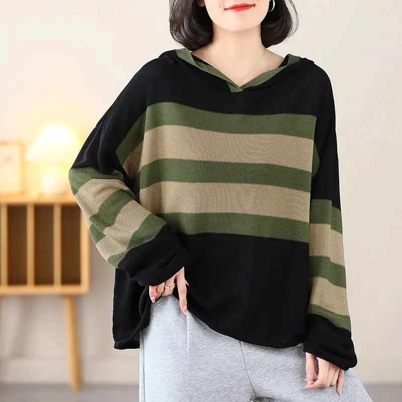 

Autumn Winter Striped Hooded Pullover Shirt Women Outer Wear Inner Knitting Warm Top Retro Sweater Plus Size