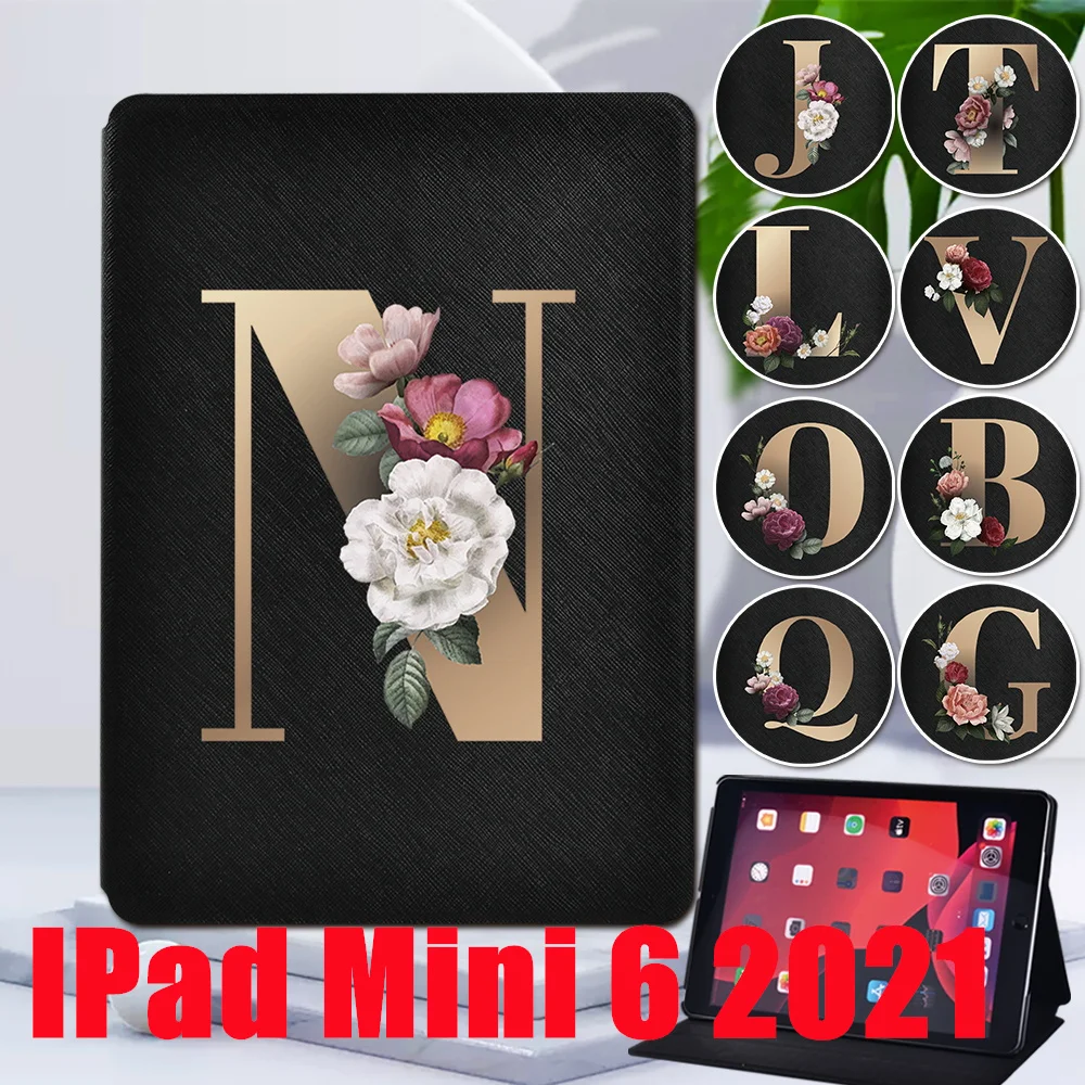 

For IPad Mini 6 PU Leather Cover Case for IPad Mini 6th Generation 8.3 Inch 2021 Gold Initial Name Pattern Folding Case Cover