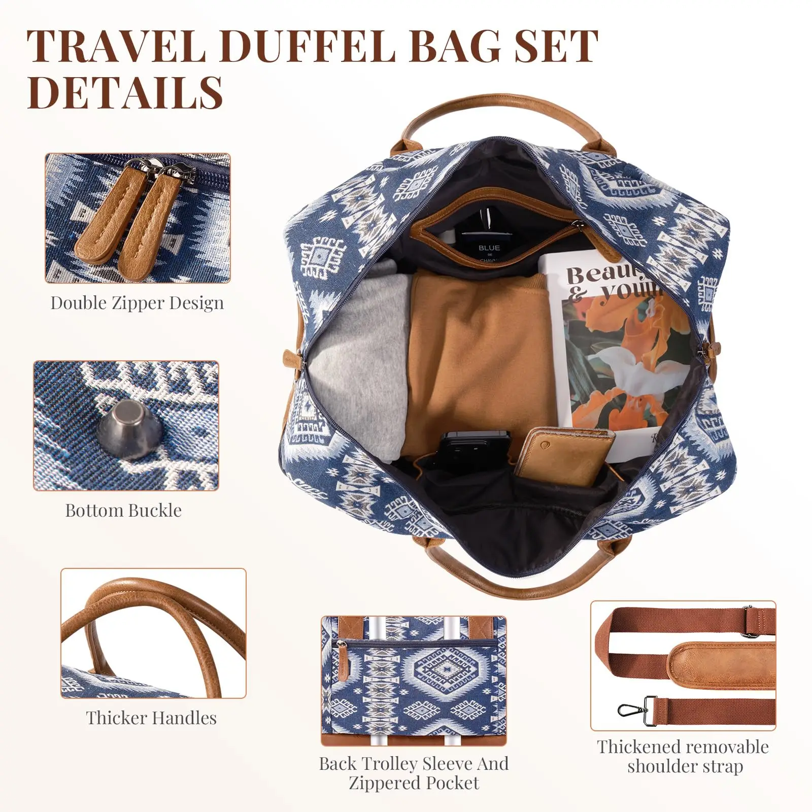 Women Large Capacity Folding Travel Bag Carry-On Luggage Bohemian Style Duffle Bag Overnight Bags With Separated Shoes Compartme