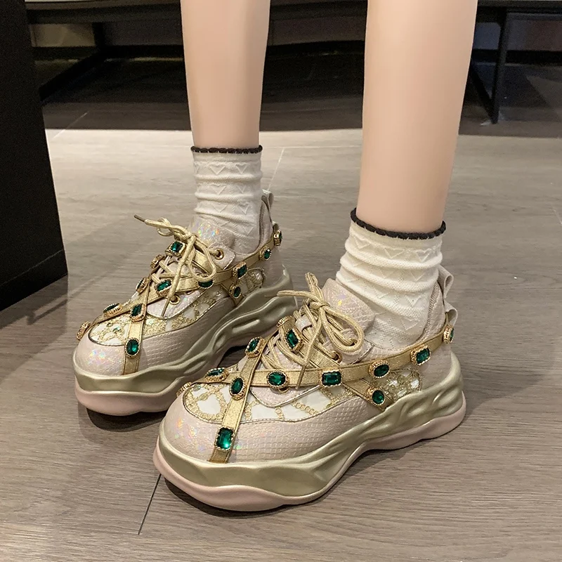 

Heightened Platform Women's Shoes 2023 New Rhinestone Female Sneakers Breathable Luxury Designers Casual Thick Bottoms Dad Shoes