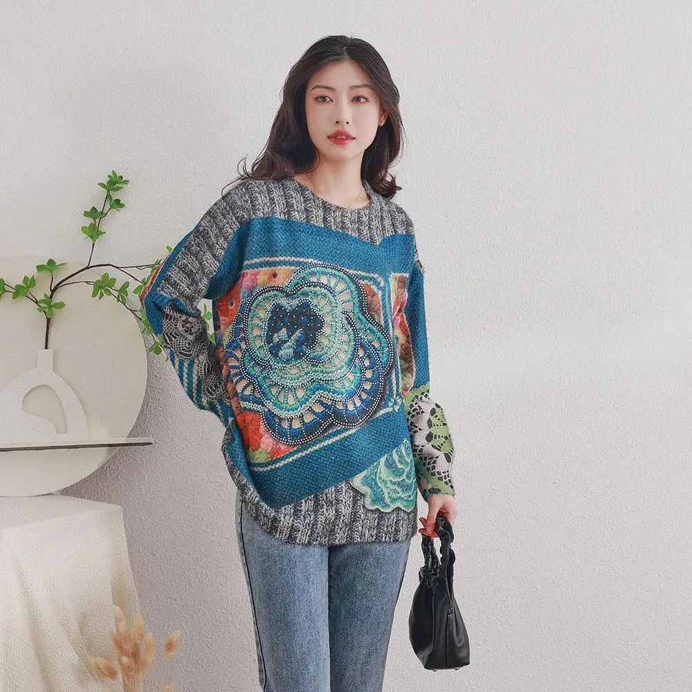 

DIMANAF 2024 New Spring.Plus Size Sweaters Pullover O-Neck Women Pattern Floral Printing Sweaters Knitting Loose Blue Sweater