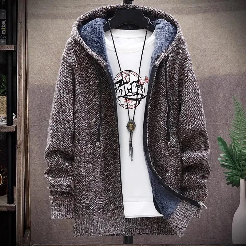 

Cardigan Knitted Sweater Winter Thick Fleece Warm Casual Knitwear Coat Solid Color Cardigan Men Hooded
