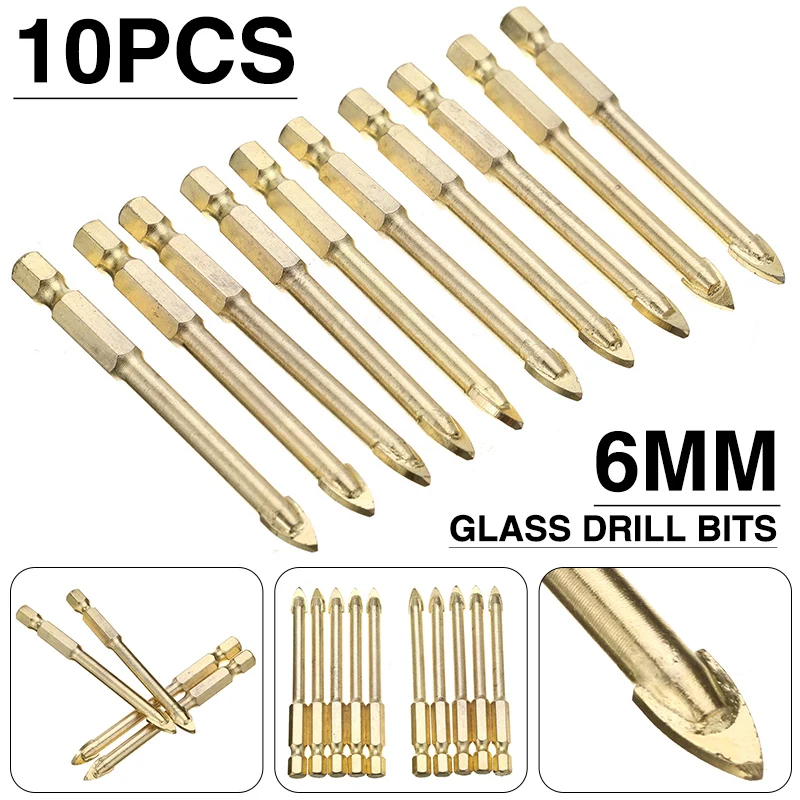 10 Pcs High Quality 6mm Glass Tile Drill Bits Set Gold Spear Head Ceramic Porcelain For Tiles Ceramics Glass Brick Tools 10pcs drill bits 6mm tile porcelain drill bit marble ceramic glass brick shank hex spear head woodworking tools