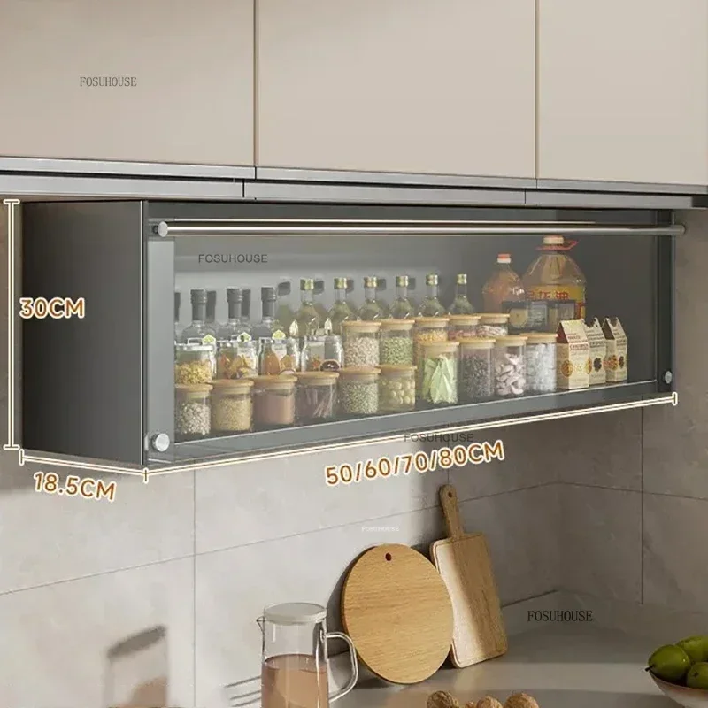 Modern Metal Glass Kitchen Cabinets Wall-mounted Spice Storage Rack Black Pull-out Basket Kitchen Island Creative Home Furniture